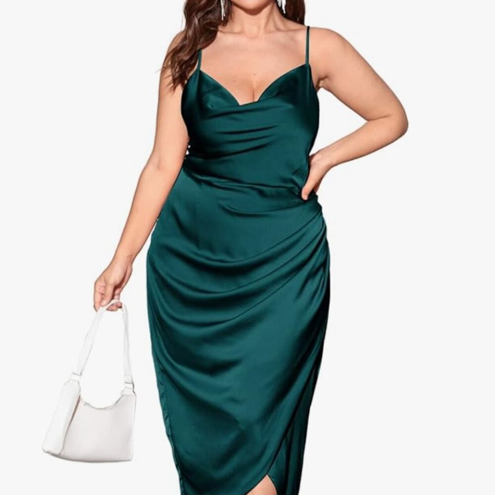 Plus Size Satin Spaghetti Strap Cowl Neck Wrap Party Cami Dress- NEVER WORN!